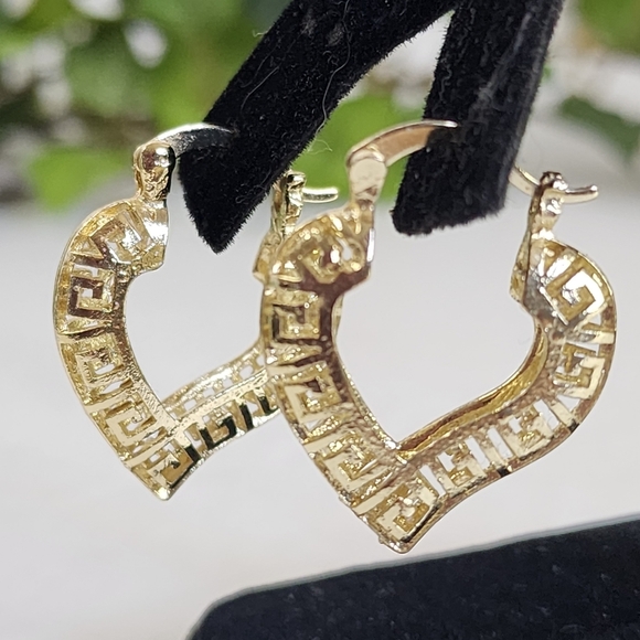 Gold Greek Key Heart Shaped Hoop Earrings - Picture 3 of 7